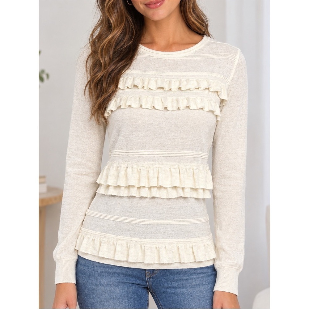 Diane Von Furstenberg Benni Rubiate Cream Ruffle Front Merino Wool Sweater Small